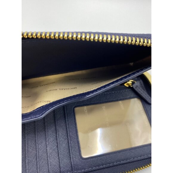 Michael Kors Navy Leather Wristlet Wallet With Gold Stud Detailing & Zipper Clos - Picture 12 of 13